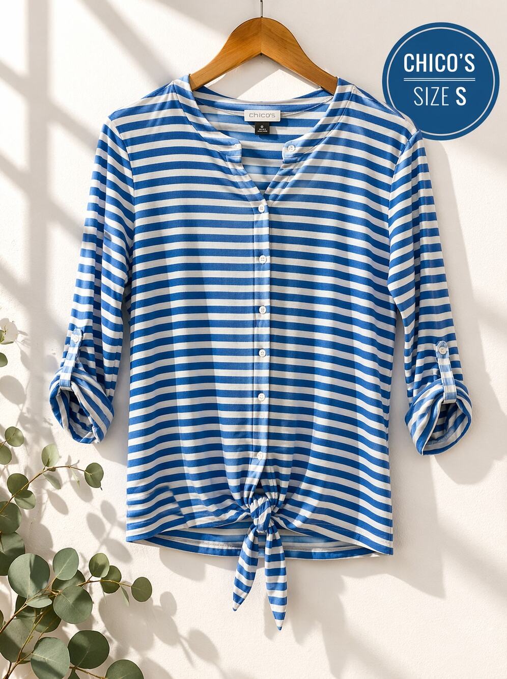 Chico's Button Down Tie Front Hem Shirt Blue/White Stripe Knit Size Small